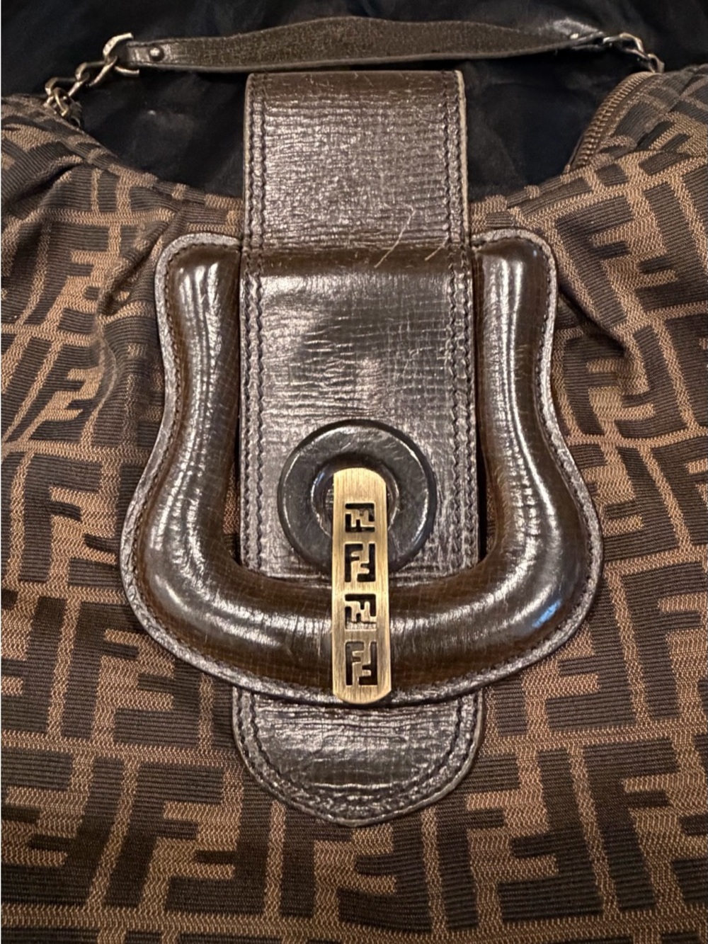 Vintage Fendi Brown FF Zucca Canvas Shoulder Bag with Leather Trim - Picture 2 of 8